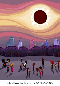 Illustration of a Crowd of People Gathered Around to Watch the Solar Eclipse Together