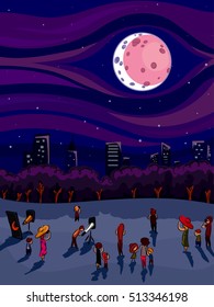 Illustration of a Crowd of People Gathered Around to Watch the Lunar Eclipse Together