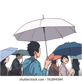 Illustration of crowd of people with rain coats and umbrellas in color
