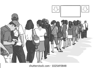 Illustration of crowd of people standing in line in perspective with blank signs in black and white