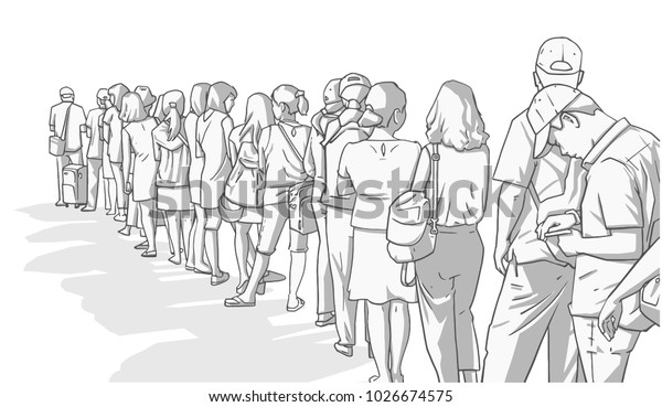 Illustration of crowd of people standing in line in\
perspective in black and\
white