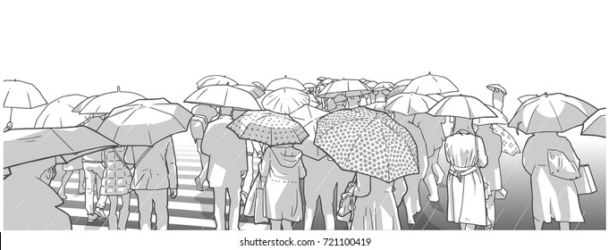 Illustration of crowd of people waiting at street crossing in the rain with rain coats and umbrellas in grey scale