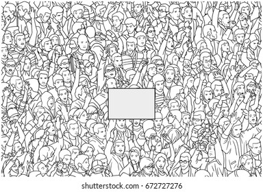 Illustration of crowd protest with blank sign from high angle view