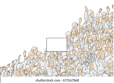 Illustration of crowd protest with blank sign from high angle view in color