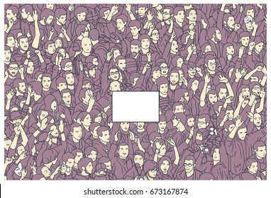 Illustration of crowd protest with blank sign from high angle view in color