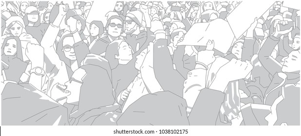 Ilustración de la protesta colectiva, manifestación en blanco y negro