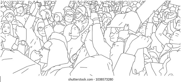 Illustration of crowd protest, demonstration in line art
