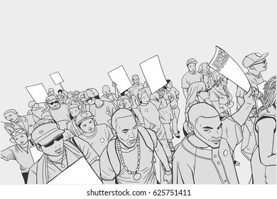 Illustration of crowd protesting against police brutality, with blank signs.