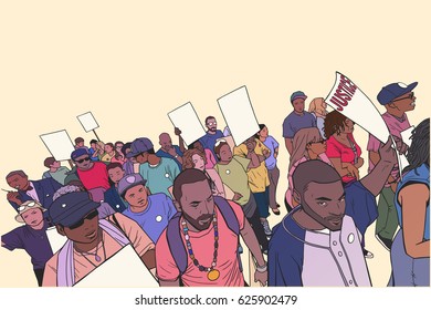 Illustration of crowd protesting against police brutality, with blank signs.