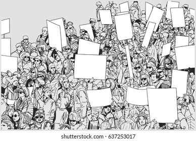 Illustration of crowd protesting for human rights with blank signs and banners