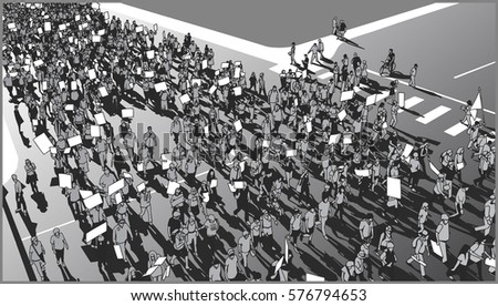 Illustration of crowd protesting for human rights with blank signs and flag in grey scale