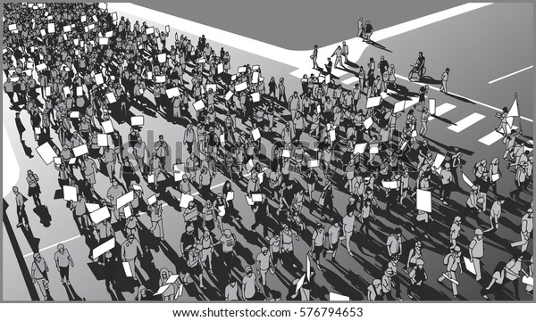 Illustration of crowd protesting for human\
rights with blank signs and flag in grey\
scale