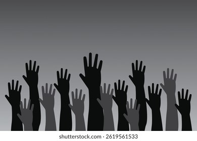 Illustration of a crowd raising hands Fists hands up vector illustration. Concept of unity, revolution, fight, cooperation. Flat outline design on Transparent Background. EPS 10.