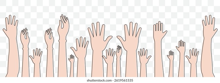 Illustration of a crowd raising hands Fists hands up vector illustration. Concept of unity, revolution, fight, cooperation. Flat outline design on Transparent Background. EPS 10.