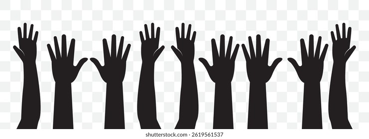 Illustration of a crowd raising hands Fists hands up vector illustration. Concept of unity, revolution, fight, cooperation. Flat outline design on Transparent Background. EPS 10.