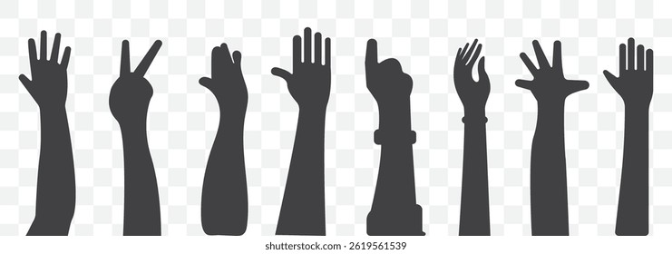 Illustration of a crowd raising hands Fists hands up vector illustration. Concept of unity, revolution, fight, cooperation. Flat outline design on Transparent Background. EPS 10.