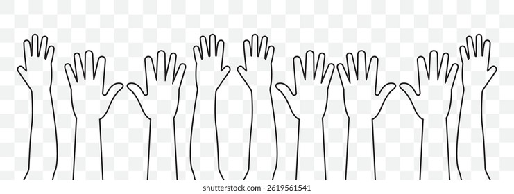 Illustration of a crowd raising hands Fists hands up vector illustration. Concept of unity, revolution, fight, cooperation. Flat outline design on Transparent Background. EPS 10.