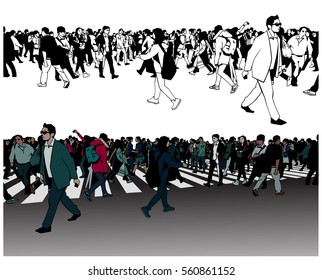 Illustration of crowd walking across zebra in color and black and white