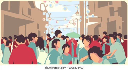 Illustration Of Crowded Asian Street At Chinese New Year In Color