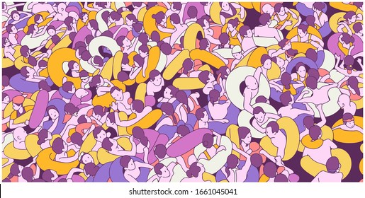 Illustration of crowded beach, tourists and locals enjoying summer holiday break
