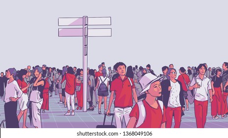 Illustration of crowded city public transport train station with tourists and locals commuting