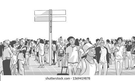 Illustration Of Crowded City Public Transport Train Station With Tourists And Locals Commuting