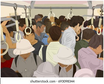 Illustration Of Crowded Commuter Train In Color