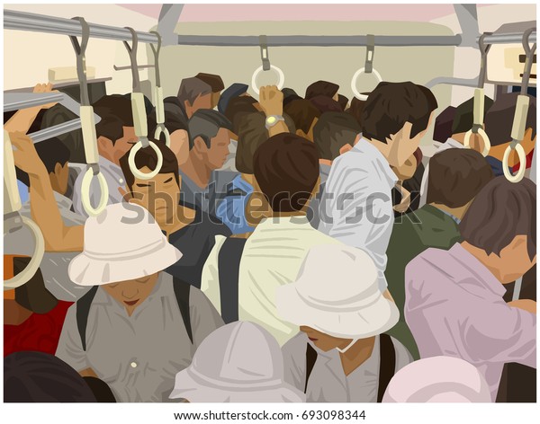 Illustration of\
crowded commuter train in\
color