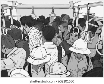 Illustration Of Crowded Commuter Train In Grey Scale