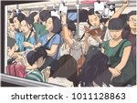 Illustration of crowded metro, subway cart in rush hour