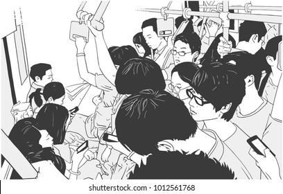 Illustration of crowded metro, subway cart in rush hour in black and white