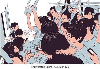 Illustration of crowded metro, subway cart in rush hour in color