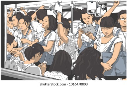 Illustration of crowded metro, subway cart in rush hour