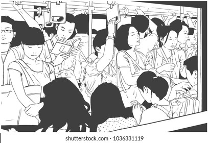 Illustration of crowded metro, subway cart in rush hour