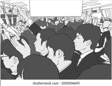 Illustration of crowded metro, subway cart in rush hour salary men
