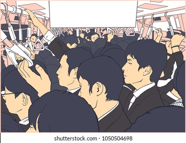 Illustration of crowded metro, subway cart in rush hour salary men
