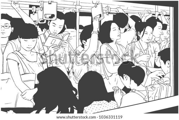 Illustration\
of crowded metro, subway cart in rush\
hour
