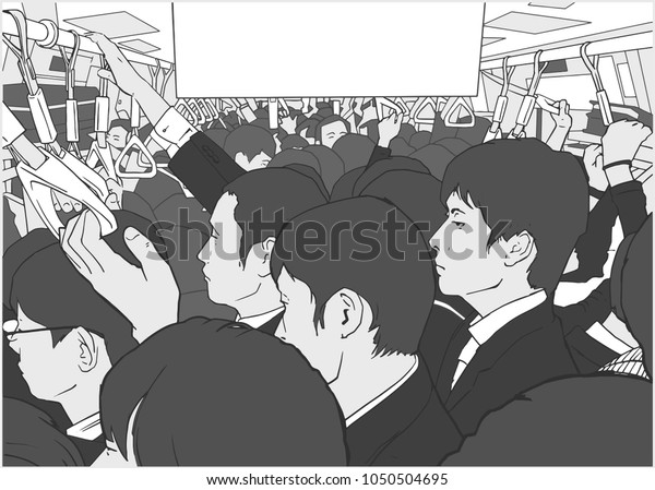 Illustration of crowded metro, subway cart in rush\
hour salary men\
