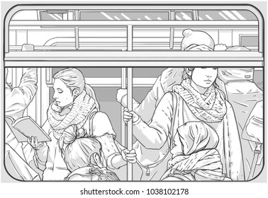 Illustration Of Crowded Metro Subway Passenger Car