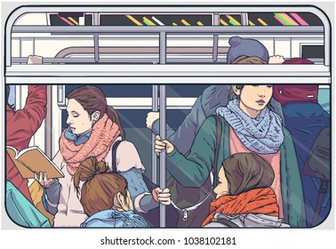 Illustration Of Crowded Metro Subway Passenger Car