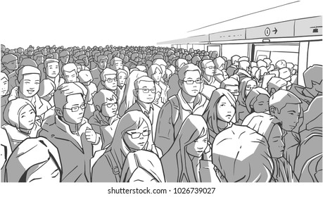 Illustration of crowded metro, subway station. People boarding cart in rush hour.