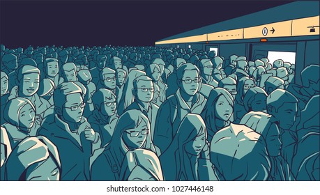 Illustration of crowded metro, subway station. People boarding cart in rush hour.