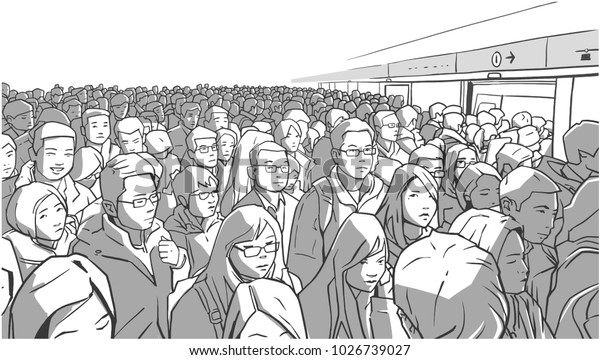 Illustration of crowded metro, subway station.\
People boarding cart in rush\
hour.