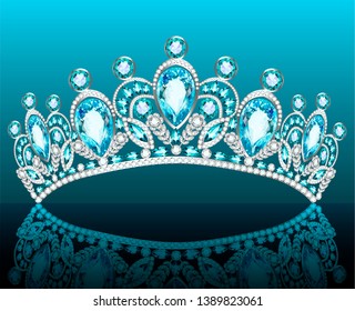 illustration of a crown diadem female with precious stones on a dark background with reflection