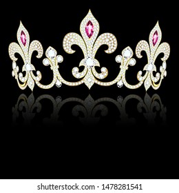 Illustration of a crown, diadem of gold and precious stones in the shape of a fleur de lis with reflection