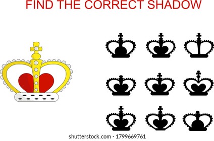 Ilustración de una corona. Encuentra la sombra correcta. Juego educativo para los niños.