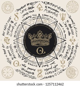 Illustration of a crown inside an octagonal star with handwritten magic inscriptions and symbols. Vector banner with an old manuscript in retro style written in a circle.