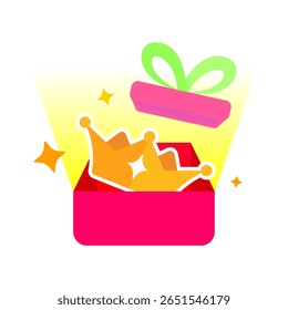 Ilustração da coroa saindo da caixa de presente. acesso de avaliação gratuita a recursos premium ou VIP. para conceitos de oferta por tempo limitado, acesso especial, avaliação exclusiva ou brinde de associação premium