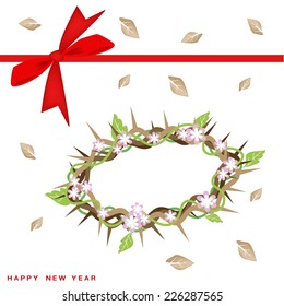 An Illustration Crown of Thorns with Fresh Green Leaves and Pink Flower on Greeting Card, A Perfect Gift or Present for Someone Special. 