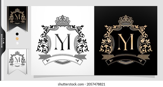 illustration of a crown, YM or MY initial letter with crown and ornament illustration, graphic name Frames and Border of floral designs, applicable for Monogram, for insignia, wedding couple name